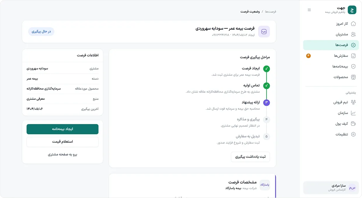 An opportunity detail screen: a header with an in-progress chip, an information panel listing customer, category, product of interest and source, and a five step follow-up tracker with the first two steps complete and the third in progress.