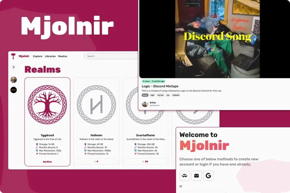 A Mjolnir product composite on a crimson field: the Mjolnir wordmark, the Realms page listing Yggdrasil, Helheim and Svartalfheim with their storage and boost details, a video player playing a Discord mixtape, and a Welcome to Mjolnir sign-in card.